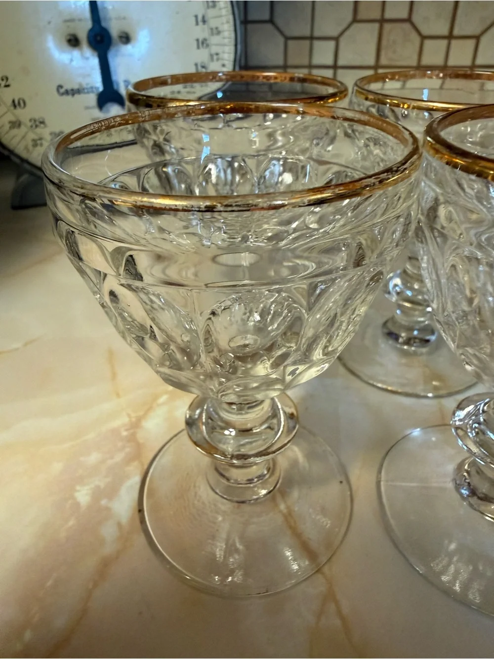 Set of Clear Glass Goblets with Gold Rim (8)